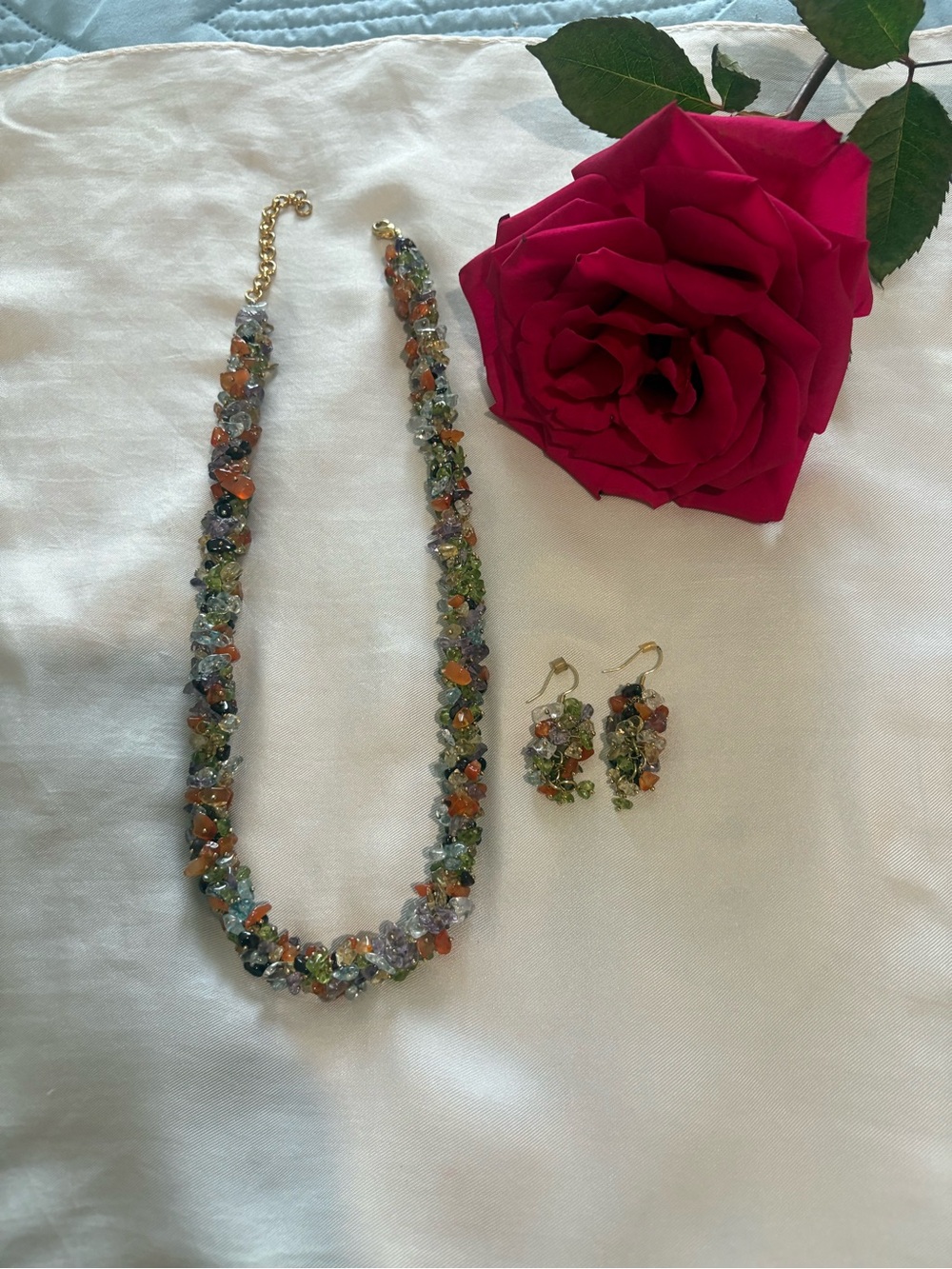 Multicolor Gem Chip Necklace with Matching Earrings - Gold Tone